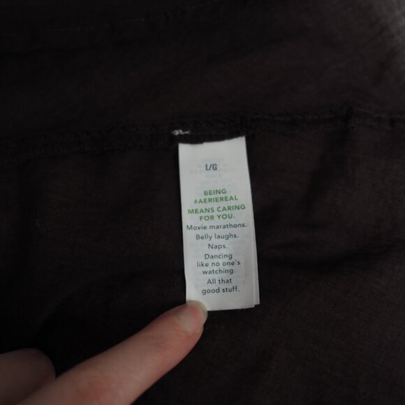 Aerie Peasant Blouse Coffee Brown Button-Up Ruched Sleeves Shirt Sz Large - Picture 10 of 10